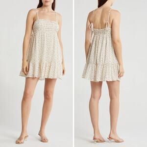 Lush Polka Dot Ruffle Hem Babydoll Mini Dress Cream Black Medium NEW Coquette